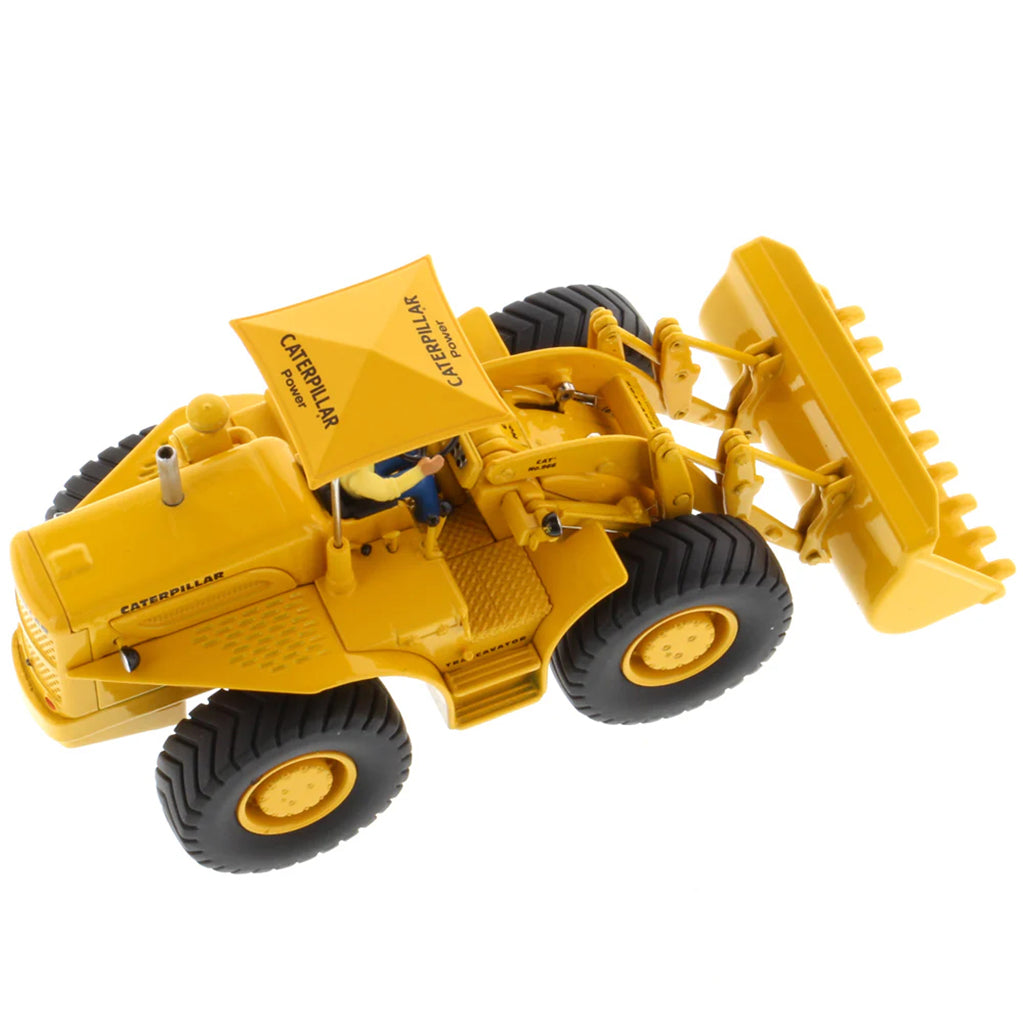 Model of a Yellow Caterpillar 966A Wheel Loader with Shade Umbrella on a White Background