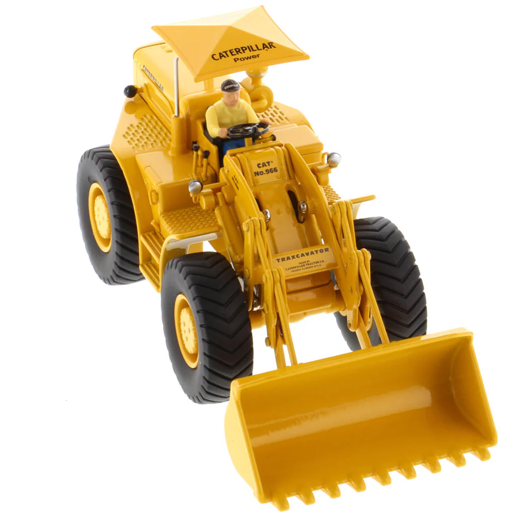 Model of a Yellow Caterpillar 966A Wheel Loader with Shade Umbrella on a White Background