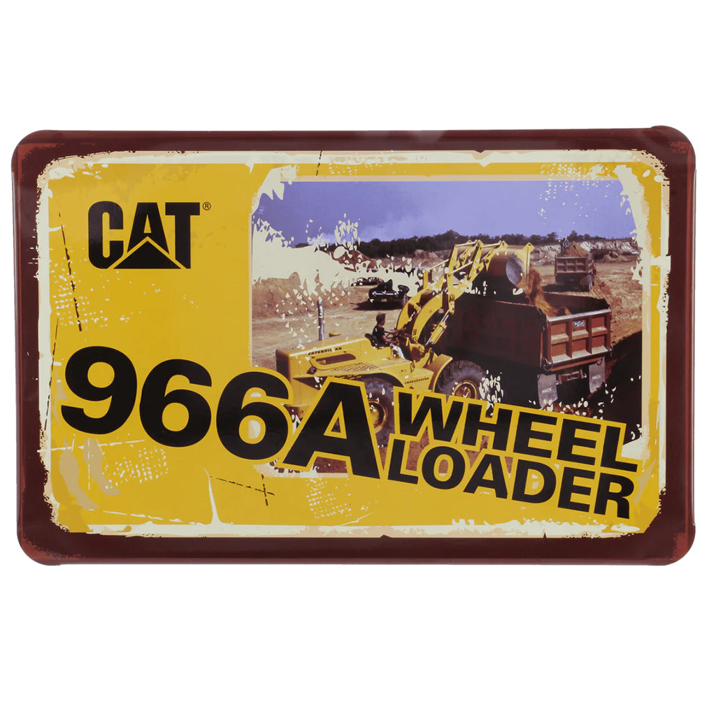 Vintage-style sign for Caterpillar 966A Wheel Loader with yellow background and brown border.