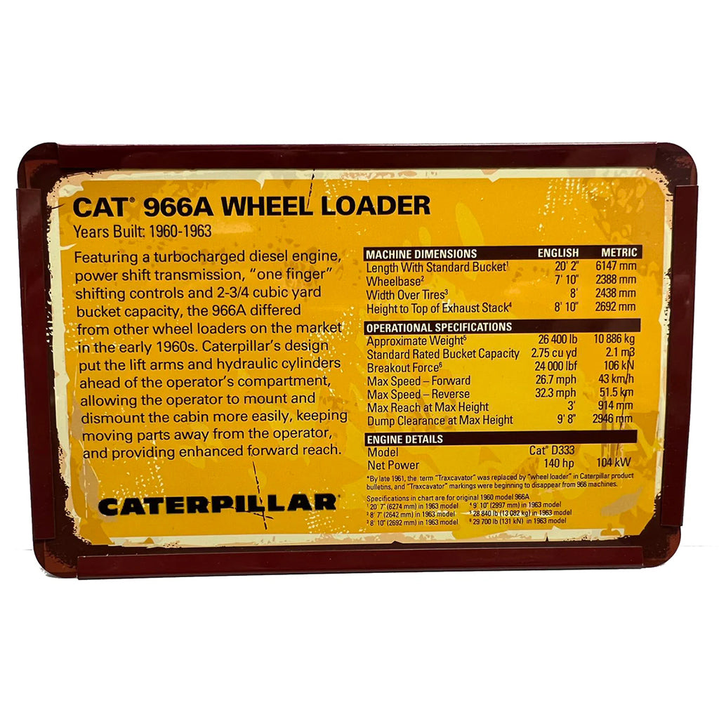 Caterpillar 966A Wheel Loader information plaque with text and specifications.