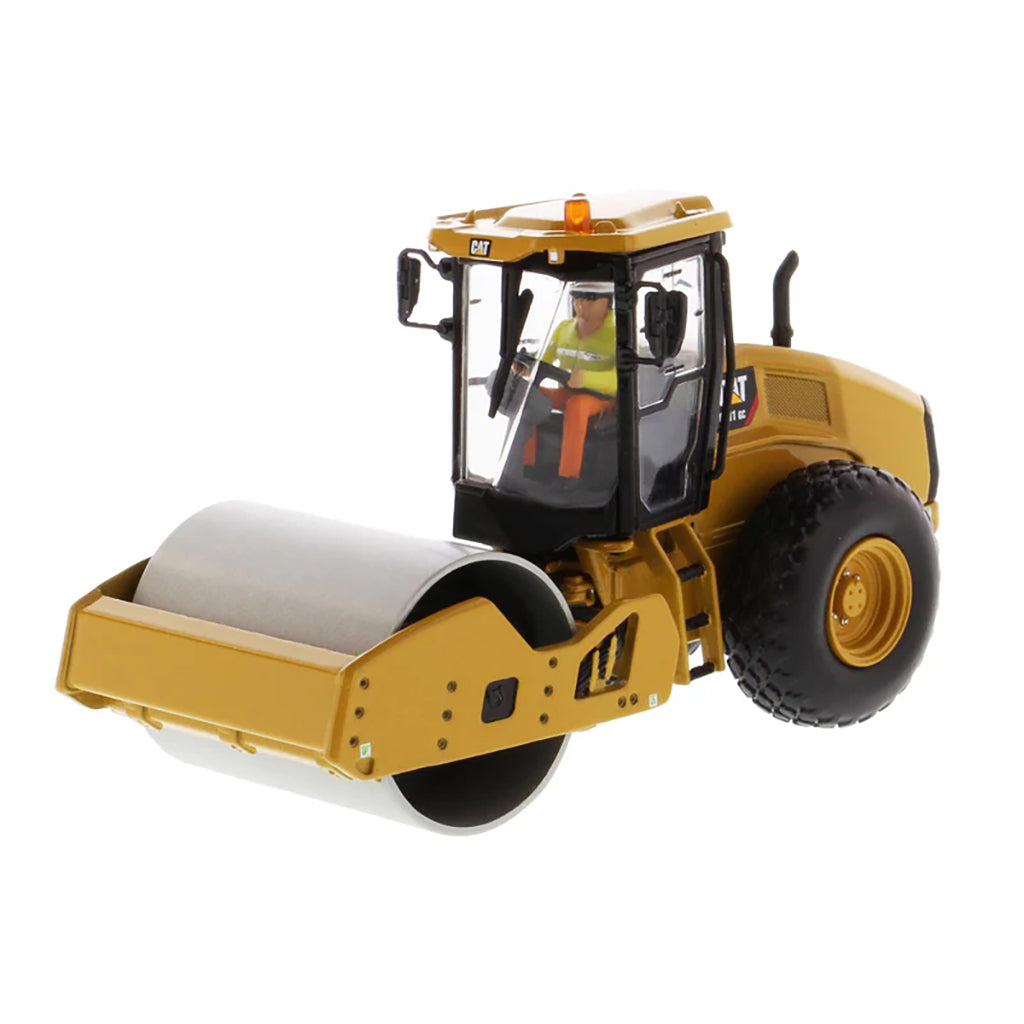 Model of a Caterpillar CS11 GC Smooth Drum Vibratory Soil Compactor w/Enclosed Cab on a White Background
