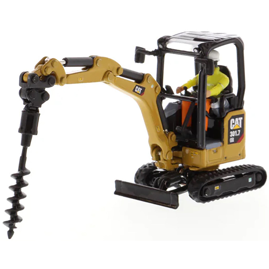 Model of a Next Generation Design Caterpillar 301.7 CR Mini Hydraulic Excavator with Operator on a White Background