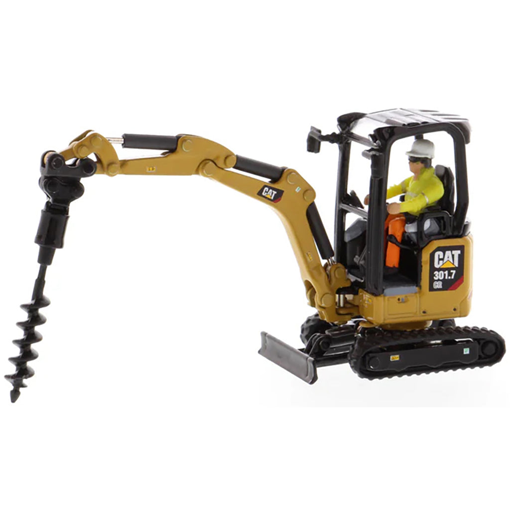 Model of a Next Generation Design Caterpillar 301.7 CR Mini Hydraulic Excavator with Operator on a White Background