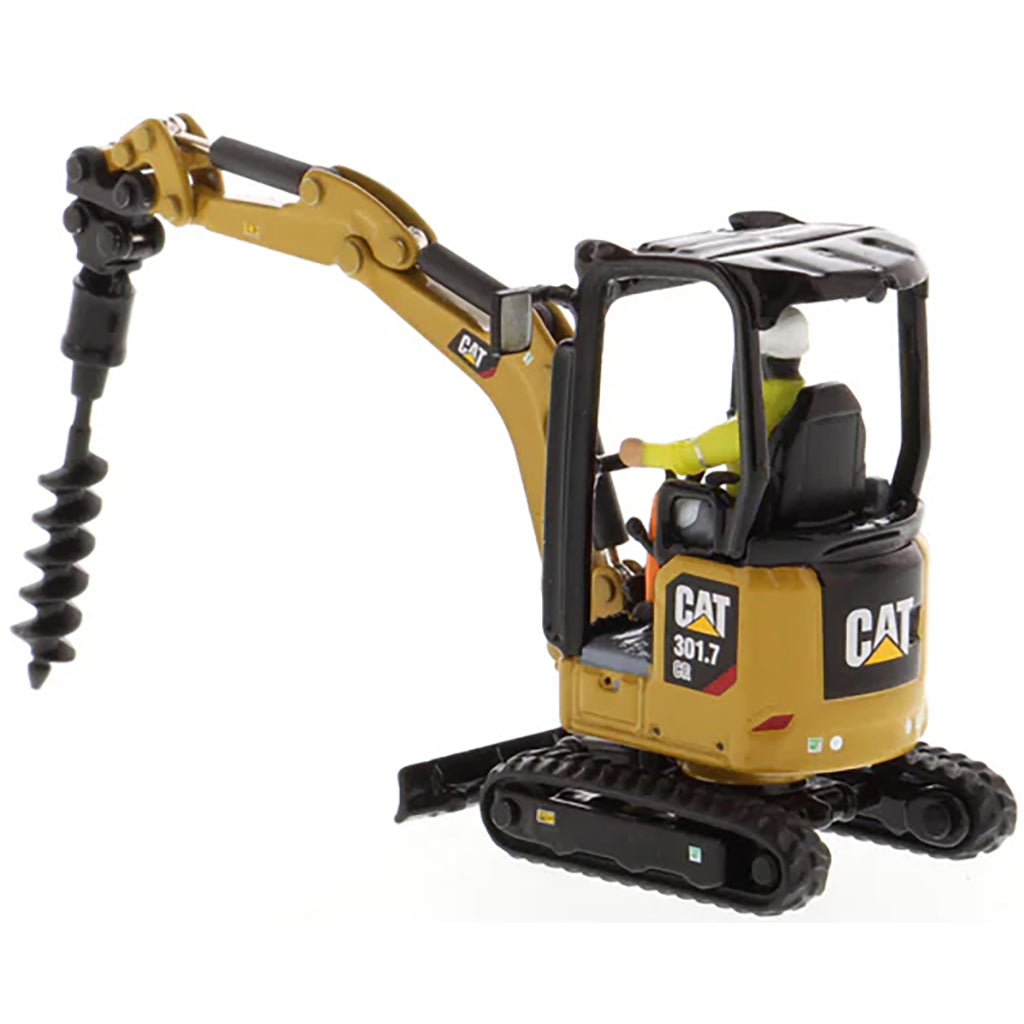 Model of a Next Generation Design Caterpillar 301.7 CR Mini Hydraulic Excavator with Operator on a White Background