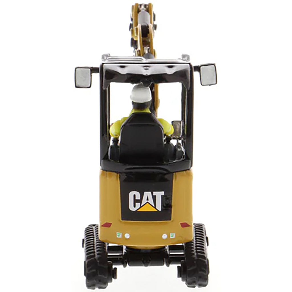 Model of a Next Generation Design Caterpillar 301.7 CR Mini Hydraulic Excavator with Operator on a White Background