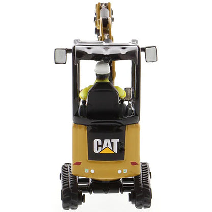 Model of a Next Generation Design Caterpillar 301.7 CR Mini Hydraulic Excavator with Operator on a White Background