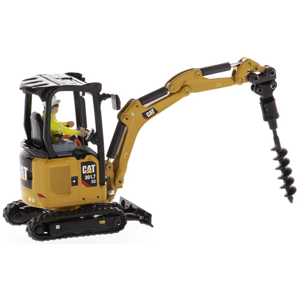 Model of a Next Generation Design Caterpillar 301.7 CR Mini Hydraulic Excavator with Operator on a White Background