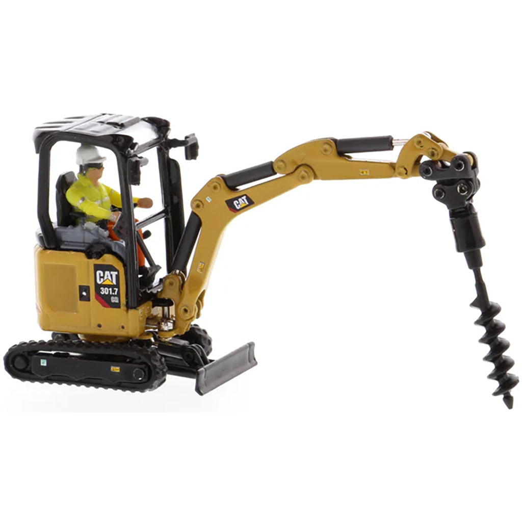 Model of a Next Generation Design Caterpillar 301.7 CR Mini Hydraulic Excavator with Operator on a White Background