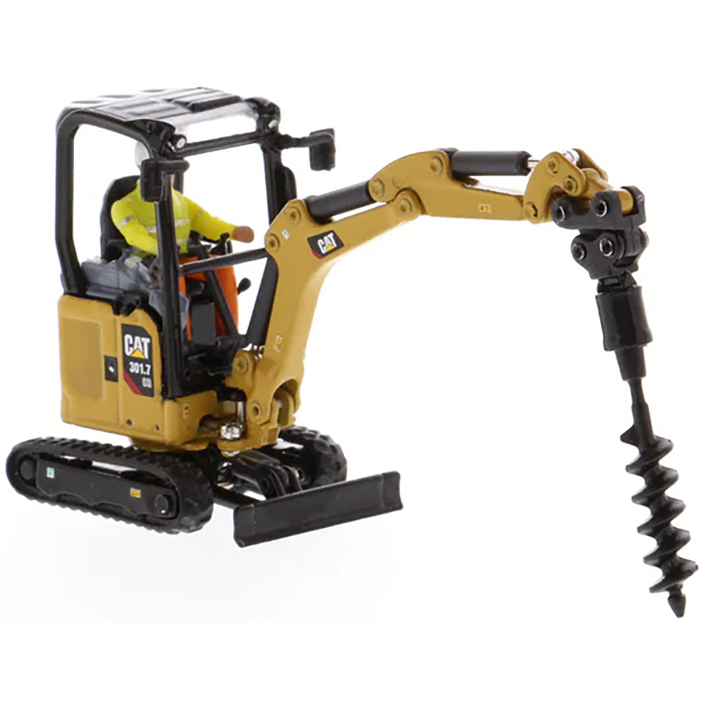 Model of a Next Generation Design Caterpillar 301.7 CR Mini Hydraulic Excavator with Operator on a White Background
