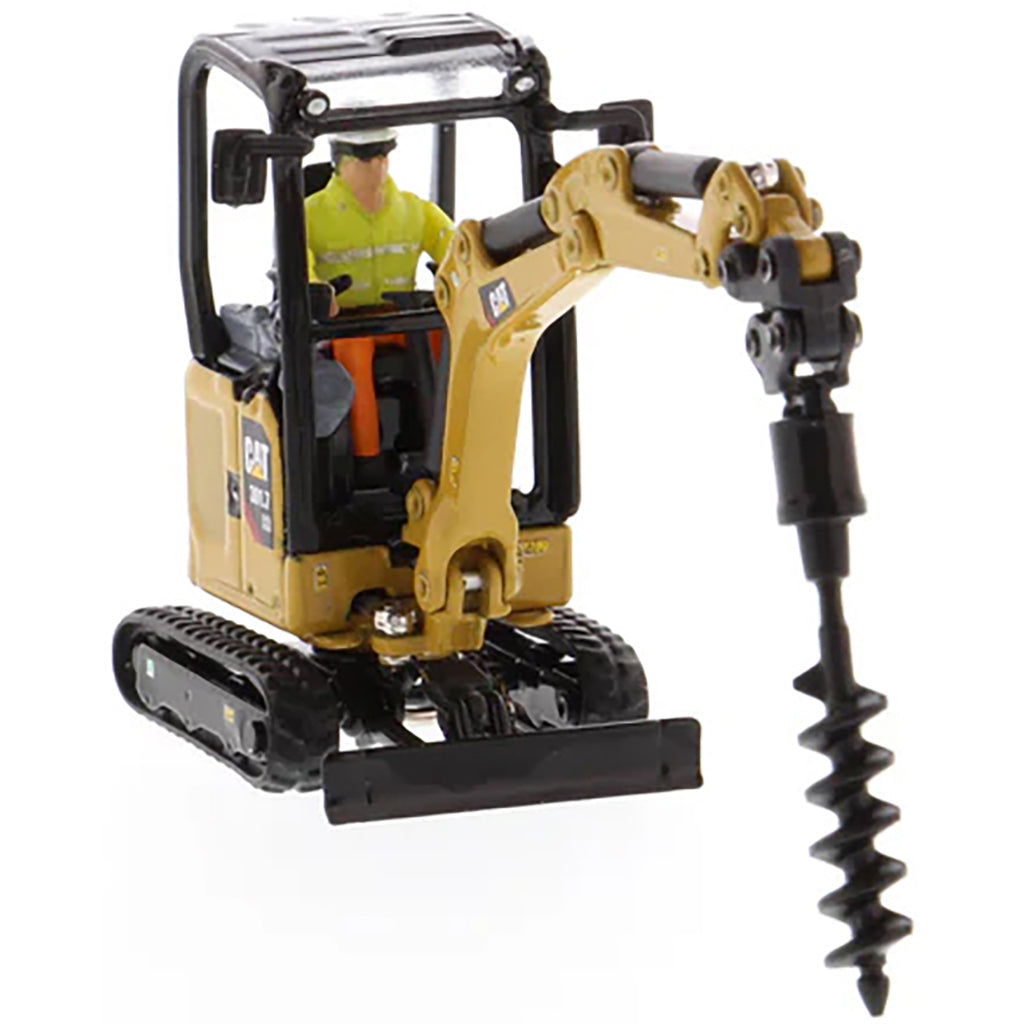 Model of a Next Generation Design Caterpillar 301.7 CR Mini Hydraulic Excavator with Operator on a White Background