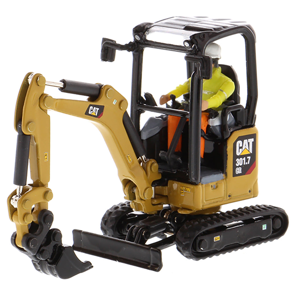Model of a Next Generation Design Caterpillar 301.7 CR Mini Hydraulic Excavator with Operator on a White Background