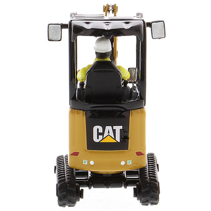 Model of a Next Generation Design Caterpillar 301.7 CR Mini Hydraulic Excavator with Operator on a White Background