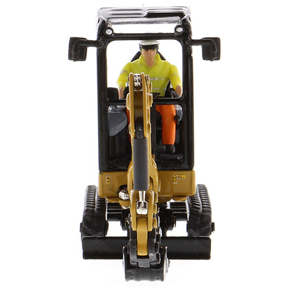 Model of a Next Generation Design Caterpillar 301.7 CR Mini Hydraulic Excavator with Operator on a White Background