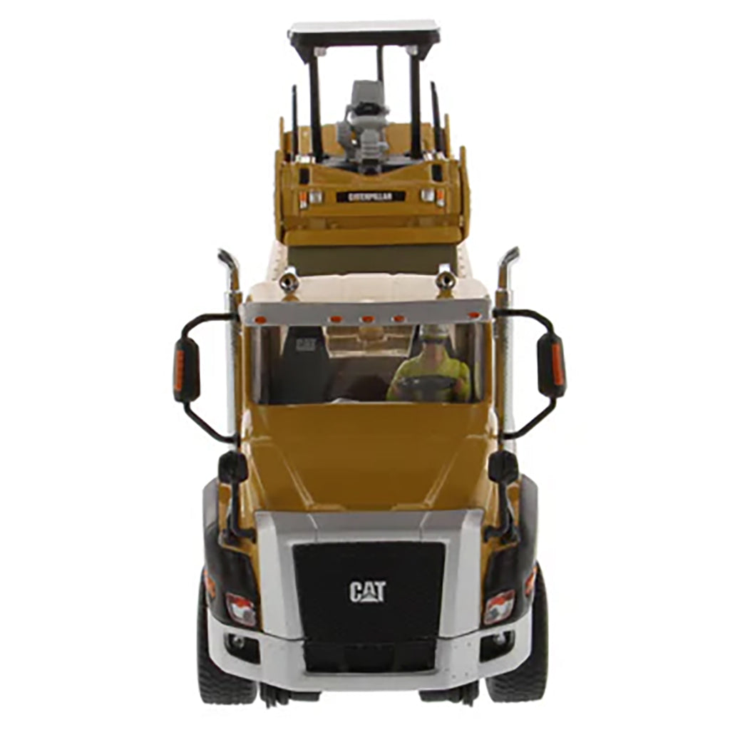 Model of a Caterpillar CT660 Day Cab w/XL Specialized Trailers XL120 Low-Profile HDG Lowboy Trailer (Yellow) Hauling a CAT CB-534D XW Vibratory Compactor on a White Background