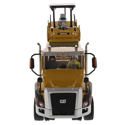 Model of a Caterpillar CT660 Day Cab w/XL Specialized Trailers XL120 Low-Profile HDG Lowboy Trailer (Yellow) Hauling a CAT CB-534D XW Vibratory Compactor on a White Background