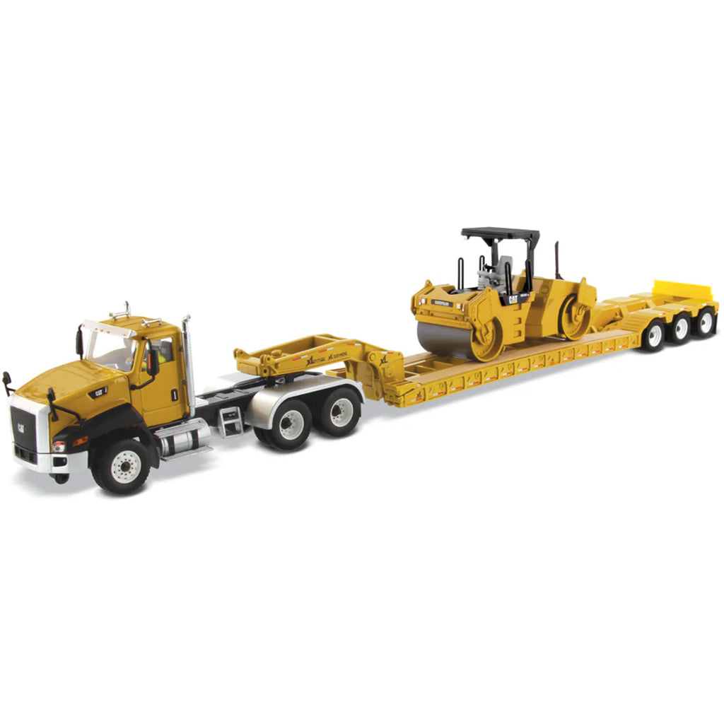 Model of a Caterpillar CT660 Day Cab w/XL Specialized Trailers XL120 Low-Profile HDG Lowboy Trailer (Yellow) Hauling a CAT CB-534D XW Vibratory Compactor on a White Background