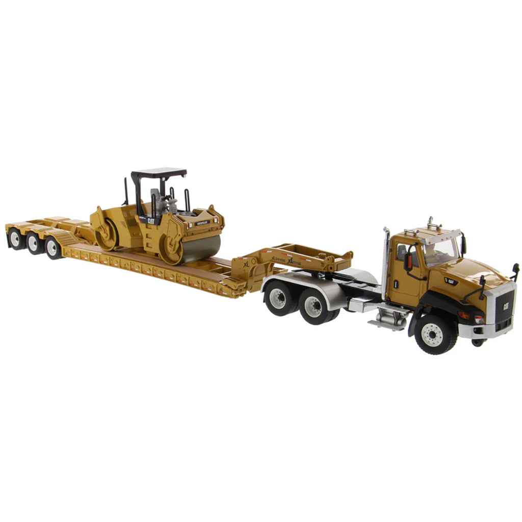 Model of a Caterpillar CT660 Day Cab w/XL Specialized Trailers XL120 Low-Profile HDG Lowboy Trailer (Yellow) Hauling a CAT CB-534D XW Vibratory Compactor on a White Background