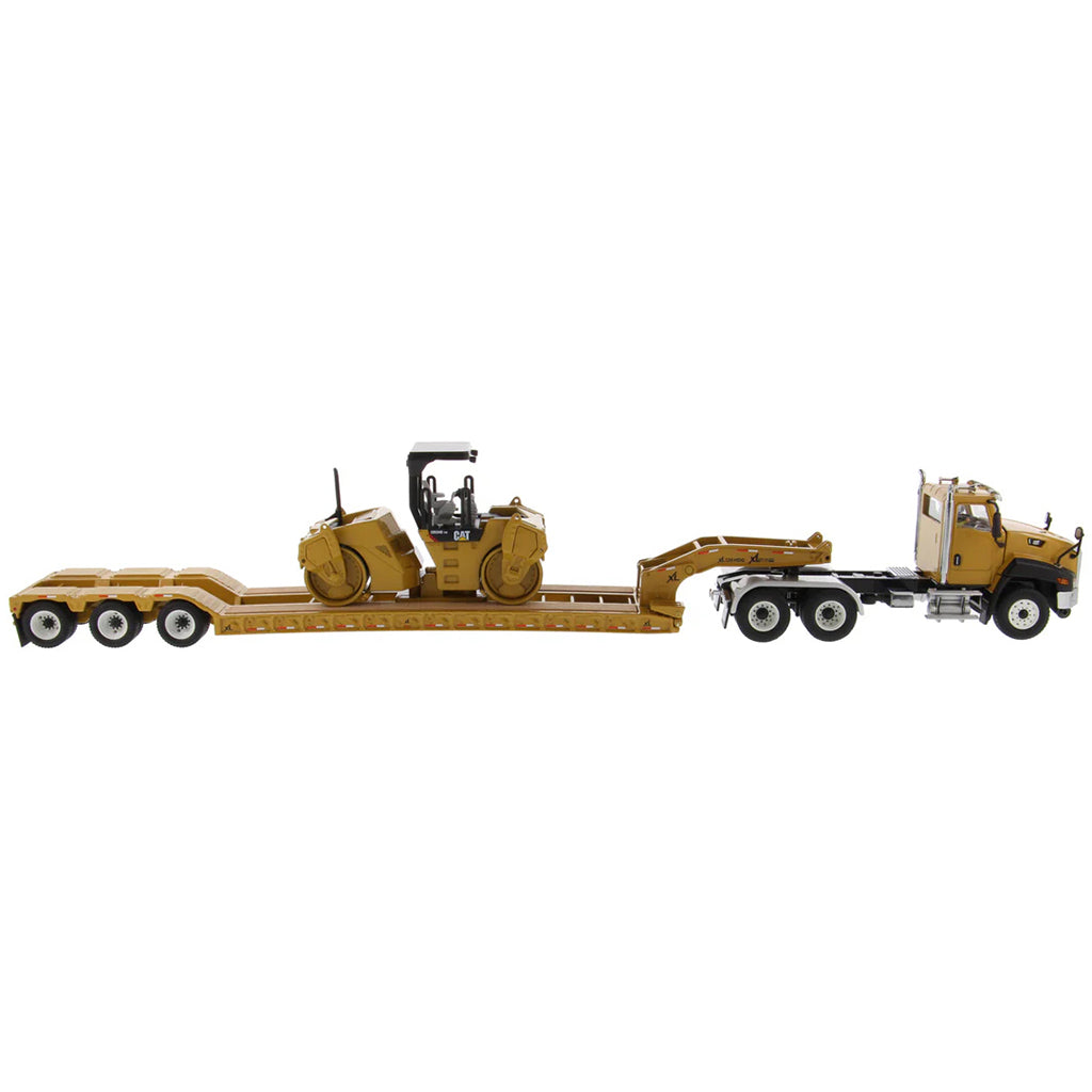 Model of a Caterpillar CT660 Day Cab w/XL Specialized Trailers XL120 Low-Profile HDG Lowboy Trailer (Yellow) Hauling a CAT CB-534D XW Vibratory Compactor on a White Background