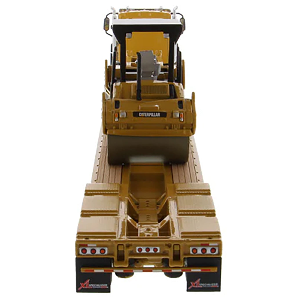 Model of a Caterpillar CT660 Day Cab w/XL Specialized Trailers XL120 Low-Profile HDG Lowboy Trailer (Yellow) Hauling a CAT CB-534D XW Vibratory Compactor on a White Background