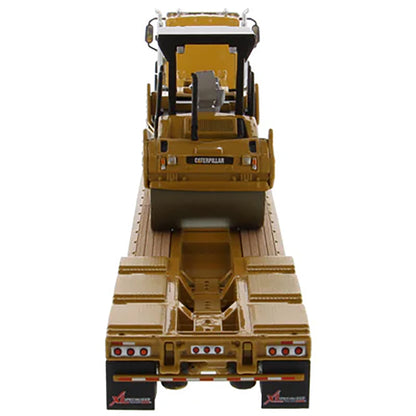 Model of a Caterpillar CT660 Day Cab w/XL Specialized Trailers XL120 Low-Profile HDG Lowboy Trailer (Yellow) Hauling a CAT CB-534D XW Vibratory Compactor on a White Background