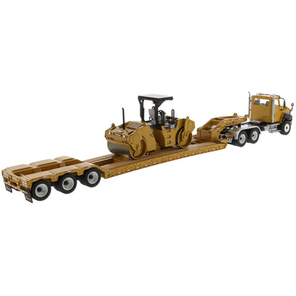 Model of a Caterpillar CT660 Day Cab w/XL Specialized Trailers XL120 Low-Profile HDG Lowboy Trailer (Yellow) Hauling a CAT CB-534D XW Vibratory Compactor on a White Background