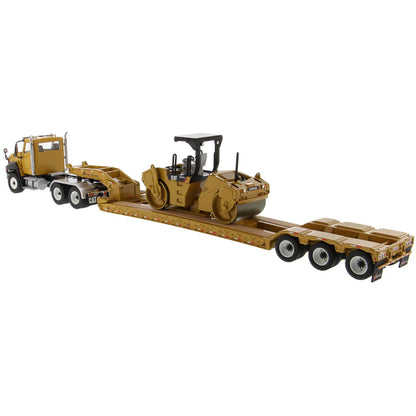 Model of a Caterpillar CT660 Day Cab w/XL Specialized Trailers XL120 Low-Profile HDG Lowboy Trailer (Yellow) Hauling a CAT CB-534D XW Vibratory Compactor on a White Background