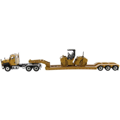 Model of a Caterpillar CT660 Day Cab w/XL Specialized Trailers XL120 Low-Profile HDG Lowboy Trailer (Yellow) Hauling a CAT CB-534D XW Vibratory Compactor on a White Background