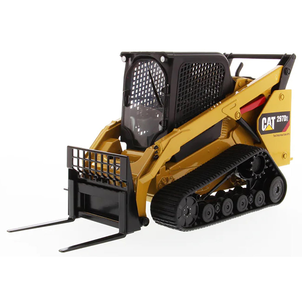 Model of a Caterpillar 297D2 Compact Track Loader with Pallet Forks on a White Background