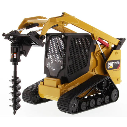 Model of a Caterpillar 297D2 Compact Track Loader with Fence Post Hole Auger on a White Background
