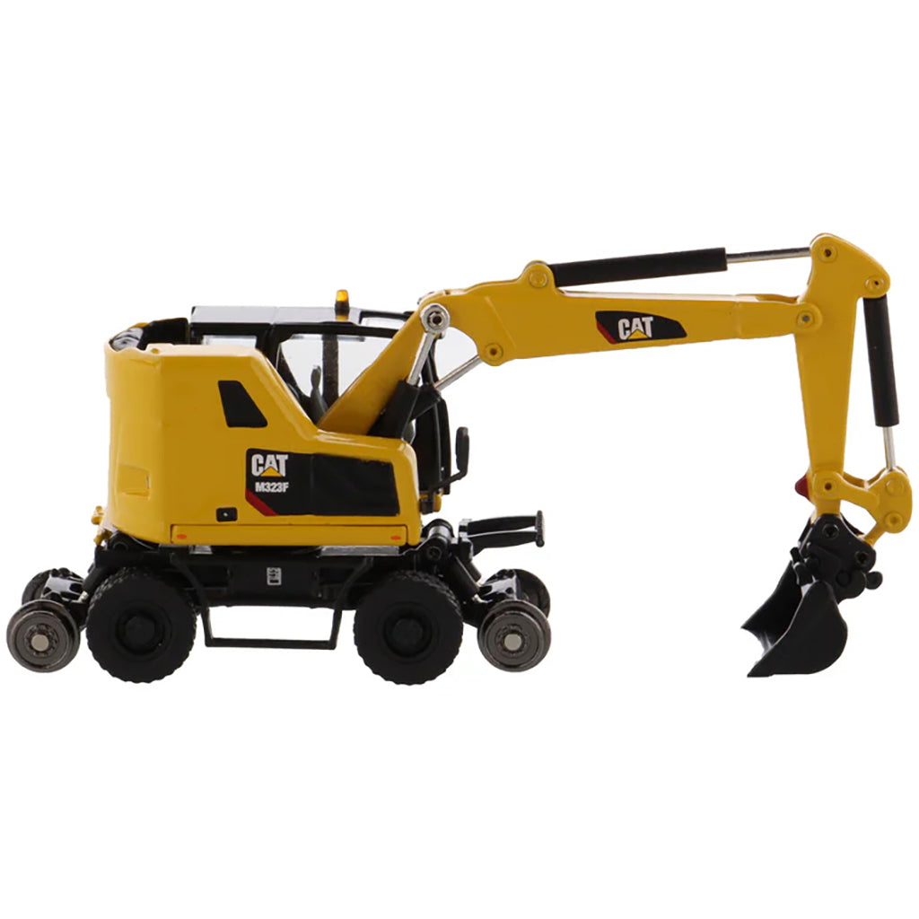 Model of a Safety Yellow Caterpillar M323F Railroad Wheeled Excavator on a White Background