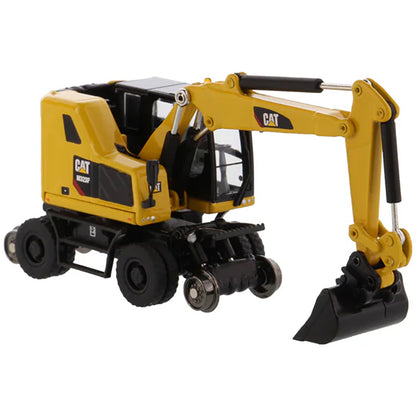 Model of a Safety Yellow Caterpillar M323F Railroad Wheeled Excavator on a White Background