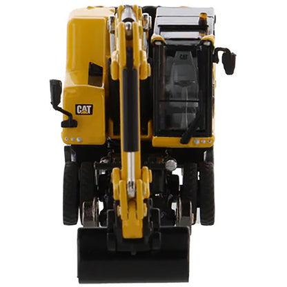 Model of a Safety Yellow Caterpillar M323F Railroad Wheeled Excavator on a White Background