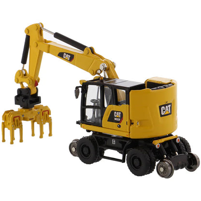 Model of a Safety Yellow Caterpillar M323F Railroad Wheeled Excavator on a White Background