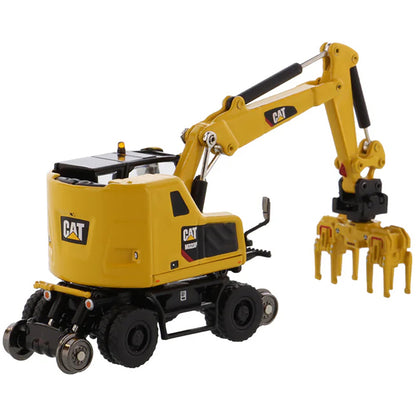 Model of a Safety Yellow Caterpillar M323F Railroad Wheeled Excavator on a White Background
