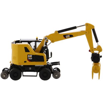 Model of a Safety Yellow Caterpillar M323F Railroad Wheeled Excavator on a White Background