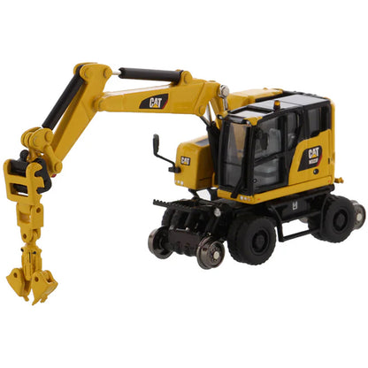 Model of a Safety Yellow Caterpillar M323F Railroad Wheeled Excavator on a White Background