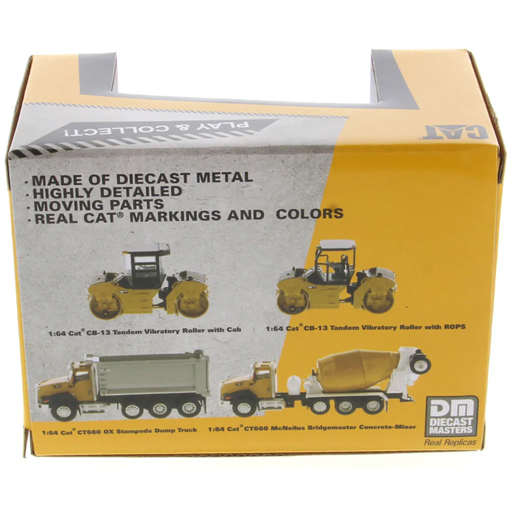 Box packaging for Diecast Masters construction vehicle models with toy illustrations on a white background.