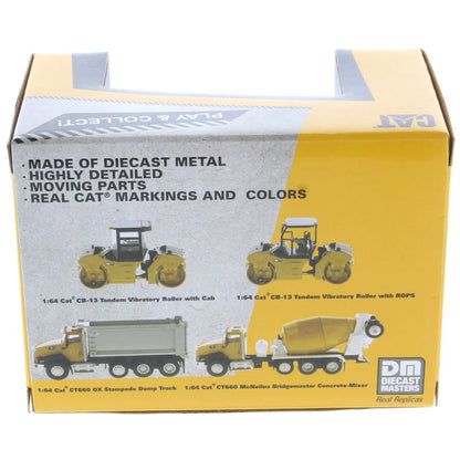 Box packaging for diecast models of construction vehicles with text on a white background
