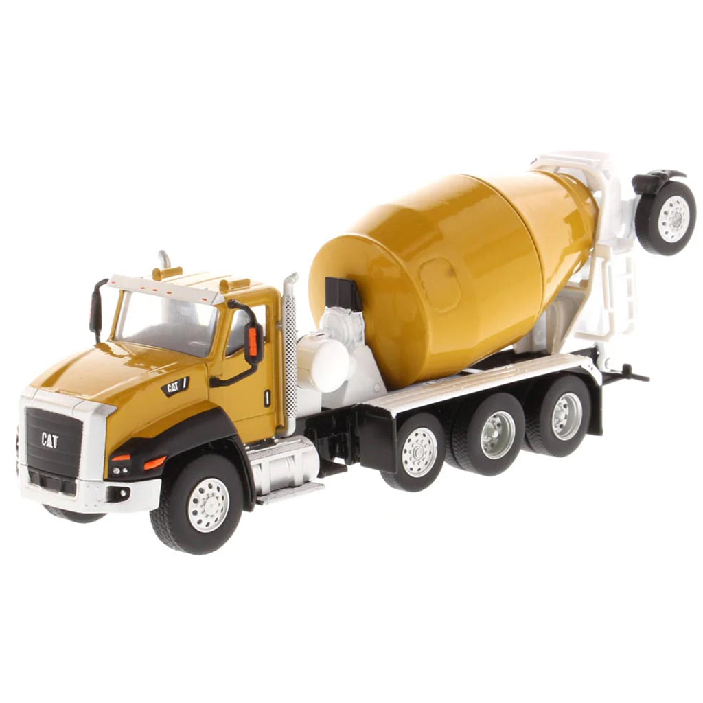 Model of a cement truck with a yellow mixer on a white background