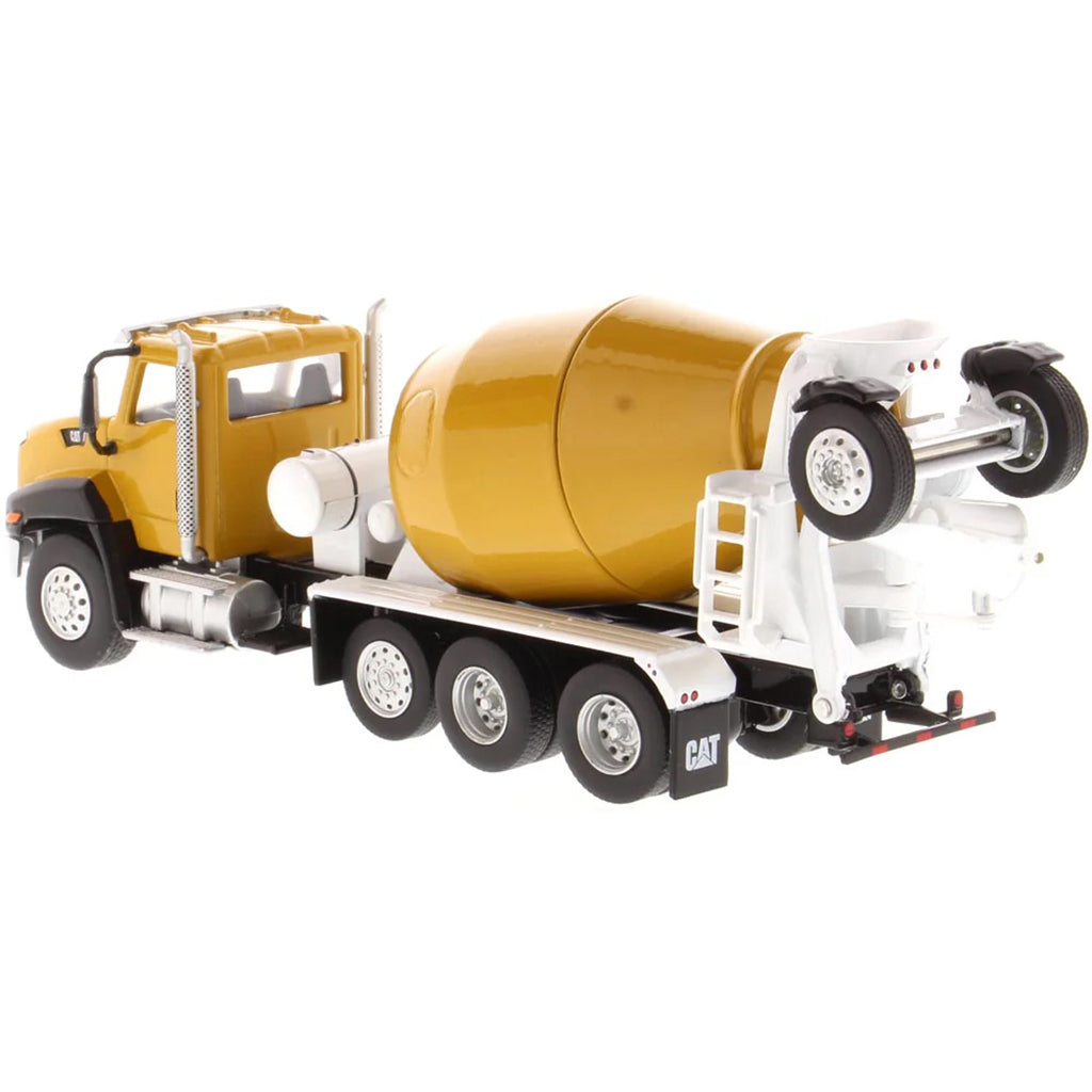 Model of a yellow cement mixer truck on a white background
