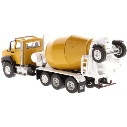 Model of a yellow cement mixer truck on a white background