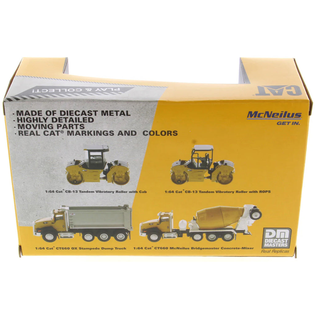 Box of McNeilus construction toy vehicles with yellow and gray design.