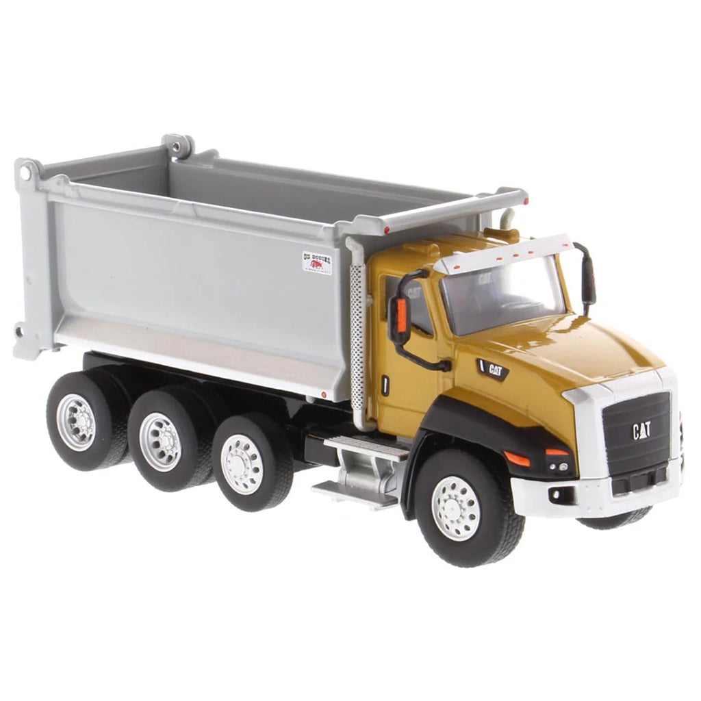 Model dump truck with yellow cab and gray bed on a white background