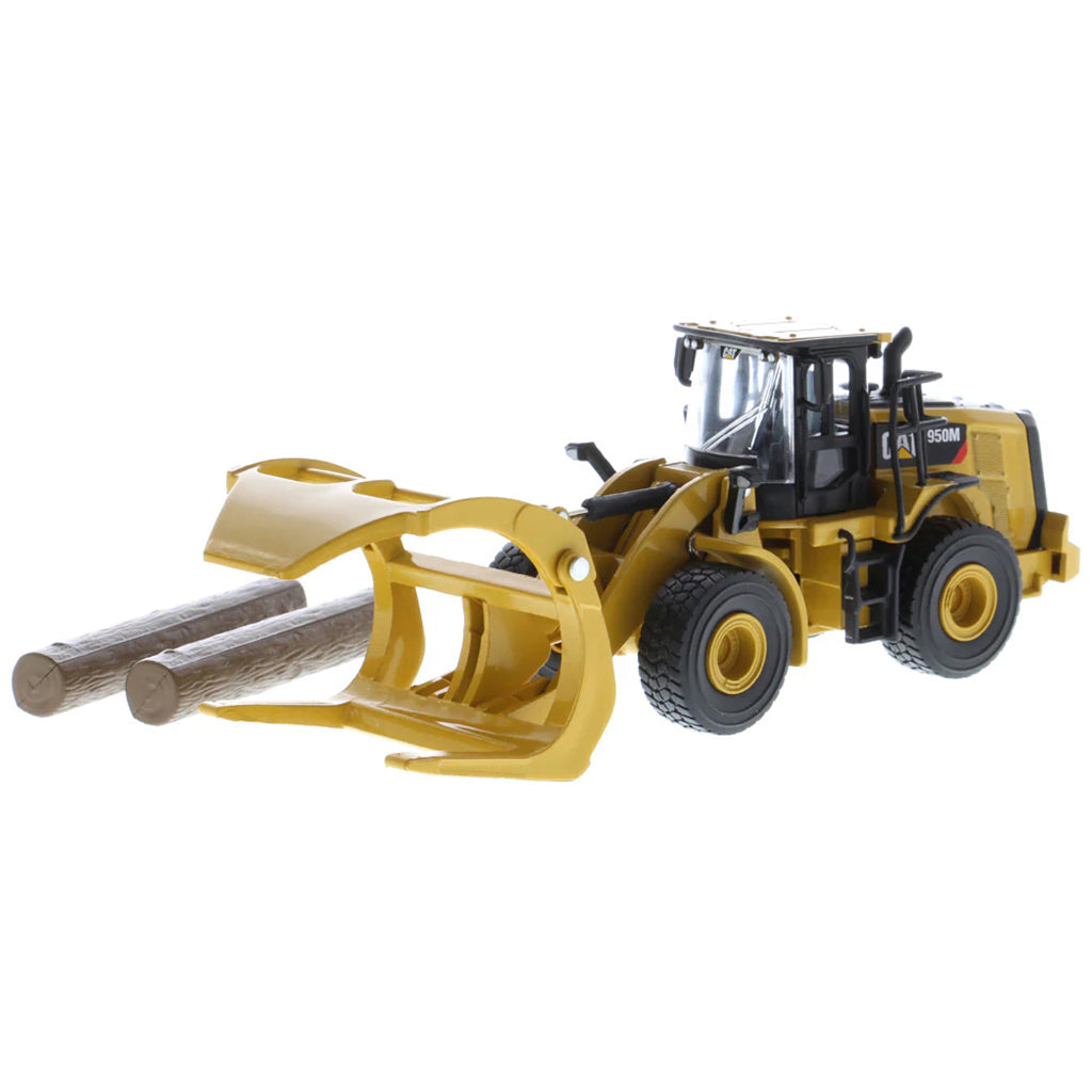 Model of a Caterpillar 950M Wheel Loader with Log Grappler and Longs on a White Background