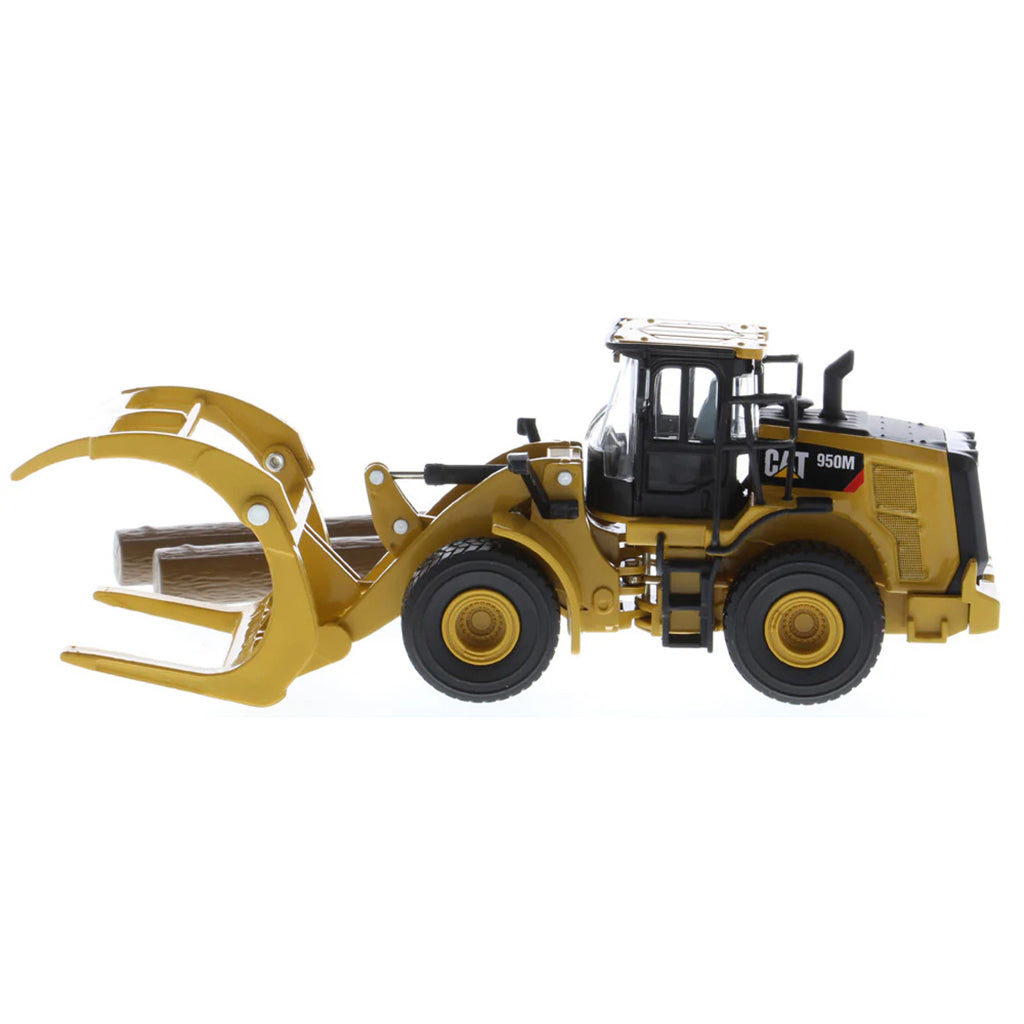 Model of a Caterpillar 950M Wheel Loader with Log Grappler and Longs on a White Background