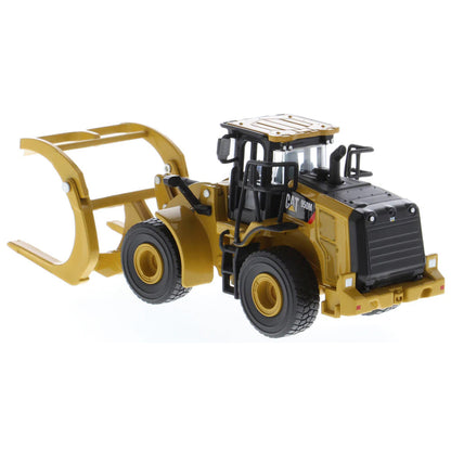 Model of a Caterpillar 950M Wheel Loader with Log Grappler and Longs on a White Background