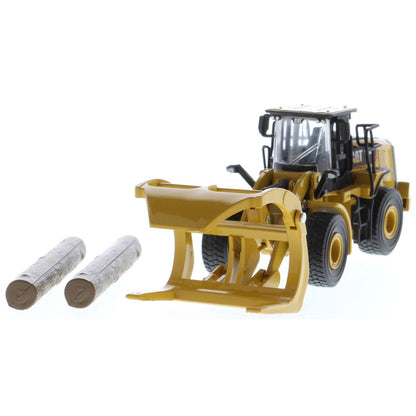 Model of a Caterpillar 950M Wheel Loader with Log Grappler and Longs on a White Background