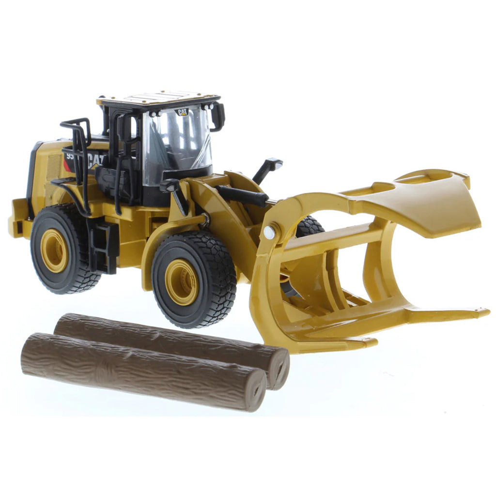 Model of a Caterpillar 950M Wheel Loader with Log Grappler and Longs on a White Background