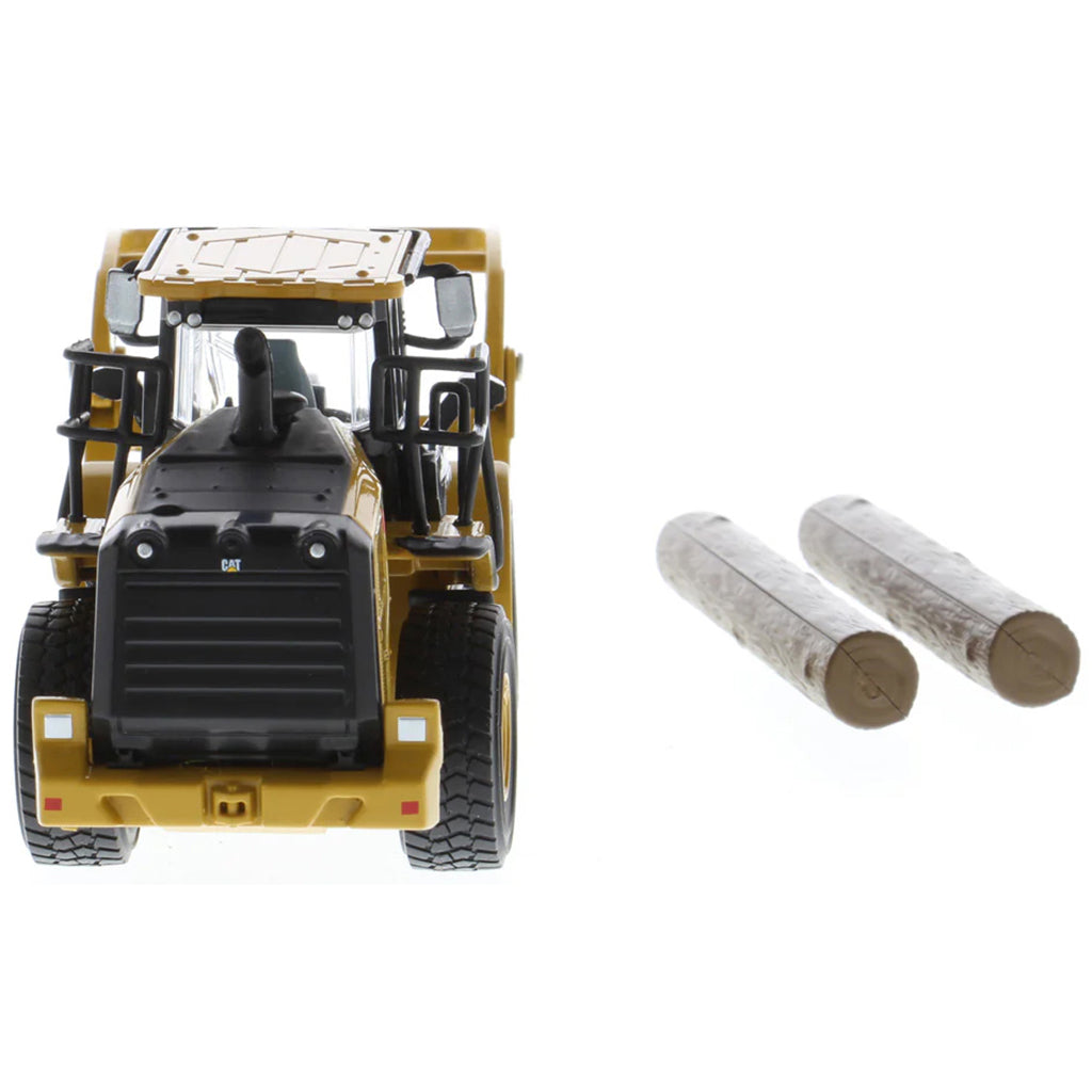 Model of a Caterpillar 950M Wheel Loader with Log Grappler and Longs on a White Background