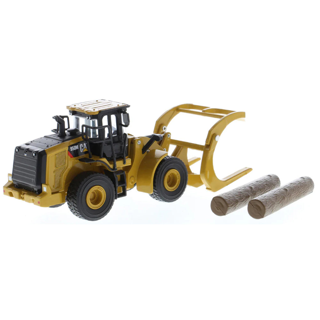 Model of a Caterpillar 950M Wheel Loader with Log Grappler and Longs on a White Background